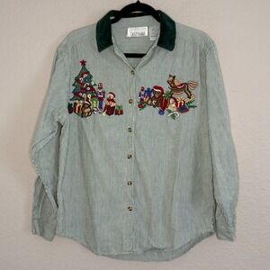 Vintage Medium Christmas Embroidered Shirt Festive Cottage Kitsch Twee Velvet